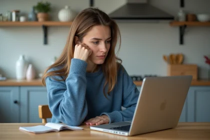 Femme assise à la cuisine avec ordinateur portable