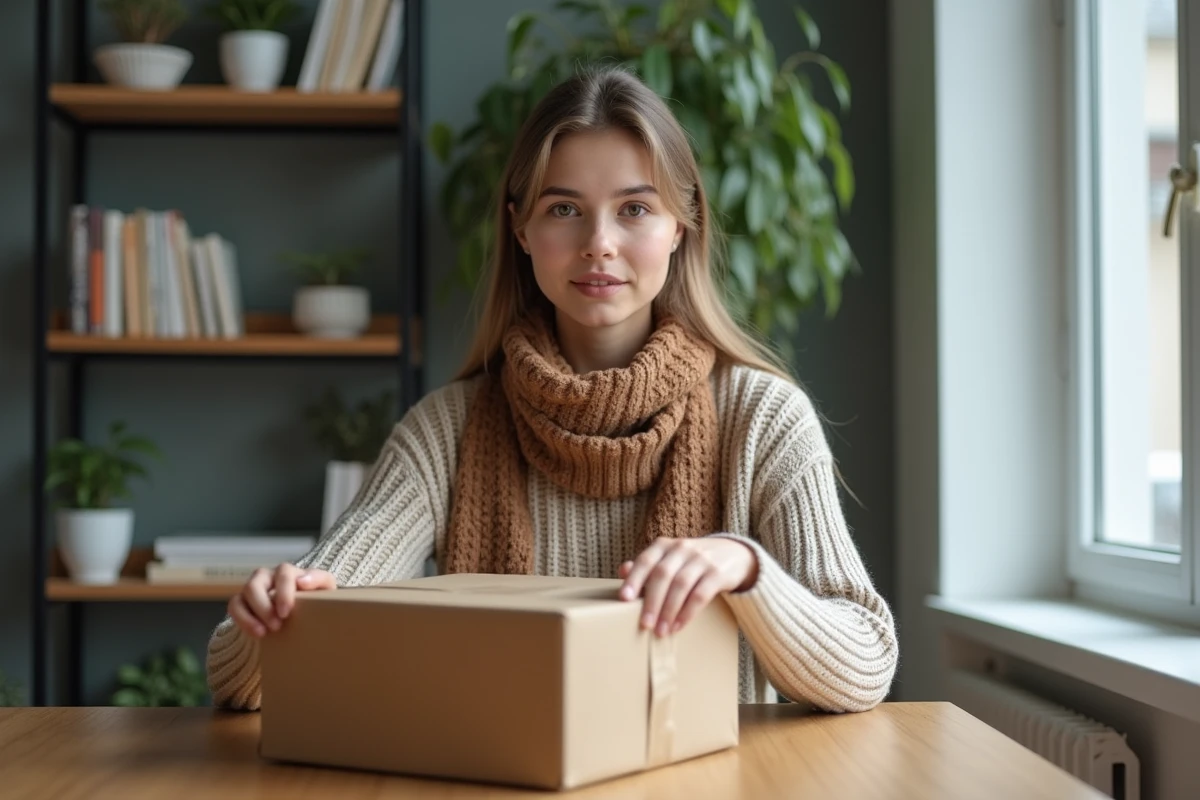 Jeune femme déballant un colis dans son appartement