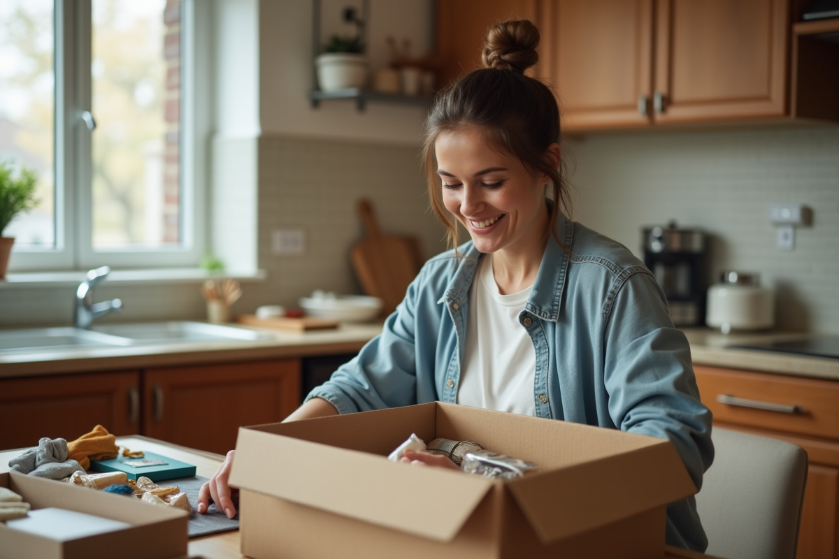 Femme organisée à la maison en train d'emballer des produits