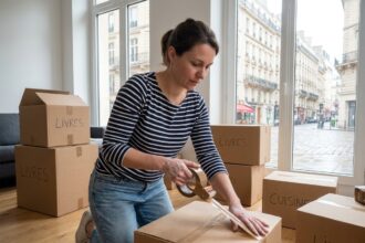 Jeune femme emballant des colis dans un salon moderne pour déménagement