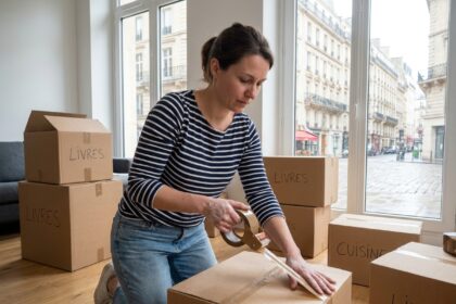 Jeune femme emballant des colis dans un salon moderne pour déménagement