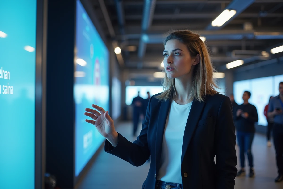 Femme entrepreneure présentant près d’un écran LED à Station F