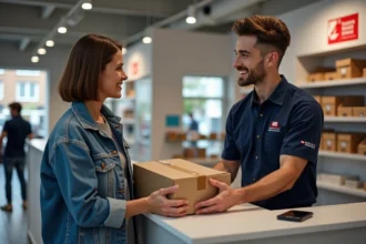 Femme déposant un colis dans un bureau de poste à Lyon