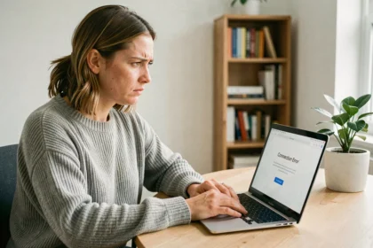 Femme frustrée devant une erreur de connexion sur son ordinateur portable à son bureau à domicile