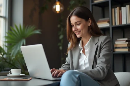 Jeune femme française en blazer regardant son ordinateur