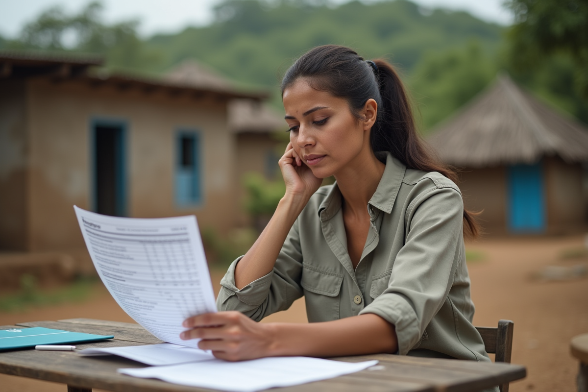 Femme humanitaire examinant un rapport dans un cadre rural
