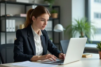 Femme en tenue professionnelle remplissant un formulaire en ligne