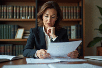Femme d'âge moyen en tenue professionnelle compare deux documents juridiques