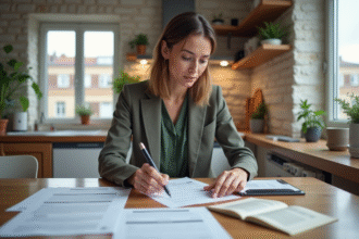 Femme en bureau lisant documents avec loi Hamon