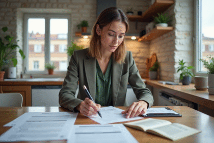 Femme en bureau lisant documents avec loi Hamon