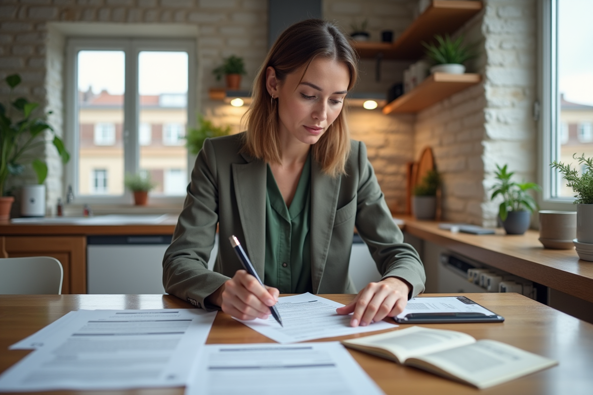 Femme en bureau lisant documents avec loi Hamon