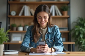 Femme souriante vérifiant un SMS de livraison à son bureau