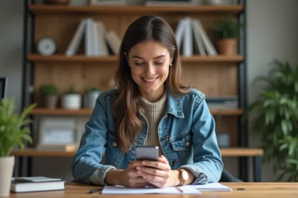 Femme souriante vérifiant un SMS de livraison à son bureau