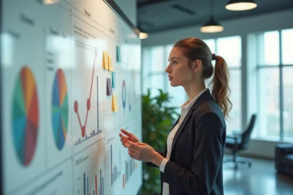 Jeune femme professionnelle expliquant des graphiques marketing