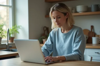 Femme en cuisine naviguant sur son ordinateur portable