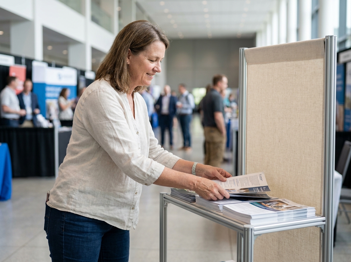 Femme arrangeant des brochures sur un stand modulaire