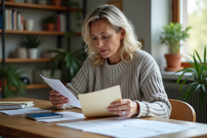 Femme triant des documents officiels pour un article sur l'organisation des papiers