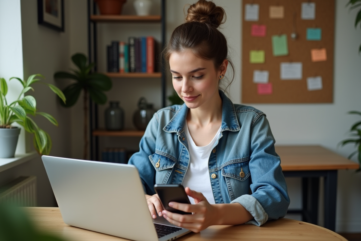 Femme organisée utilisant un ordinateur portable pour gérer ses réseaux sociaux