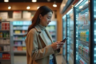 Femme scannant un code QR à un point relais UPS dans une supérette ouverte le soir