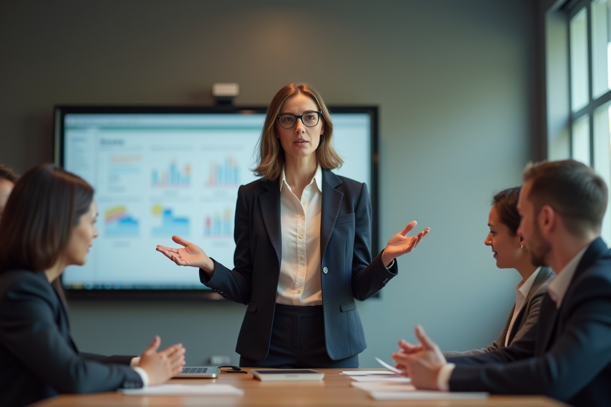 Femme en costume présentant un plan de succession en réunion