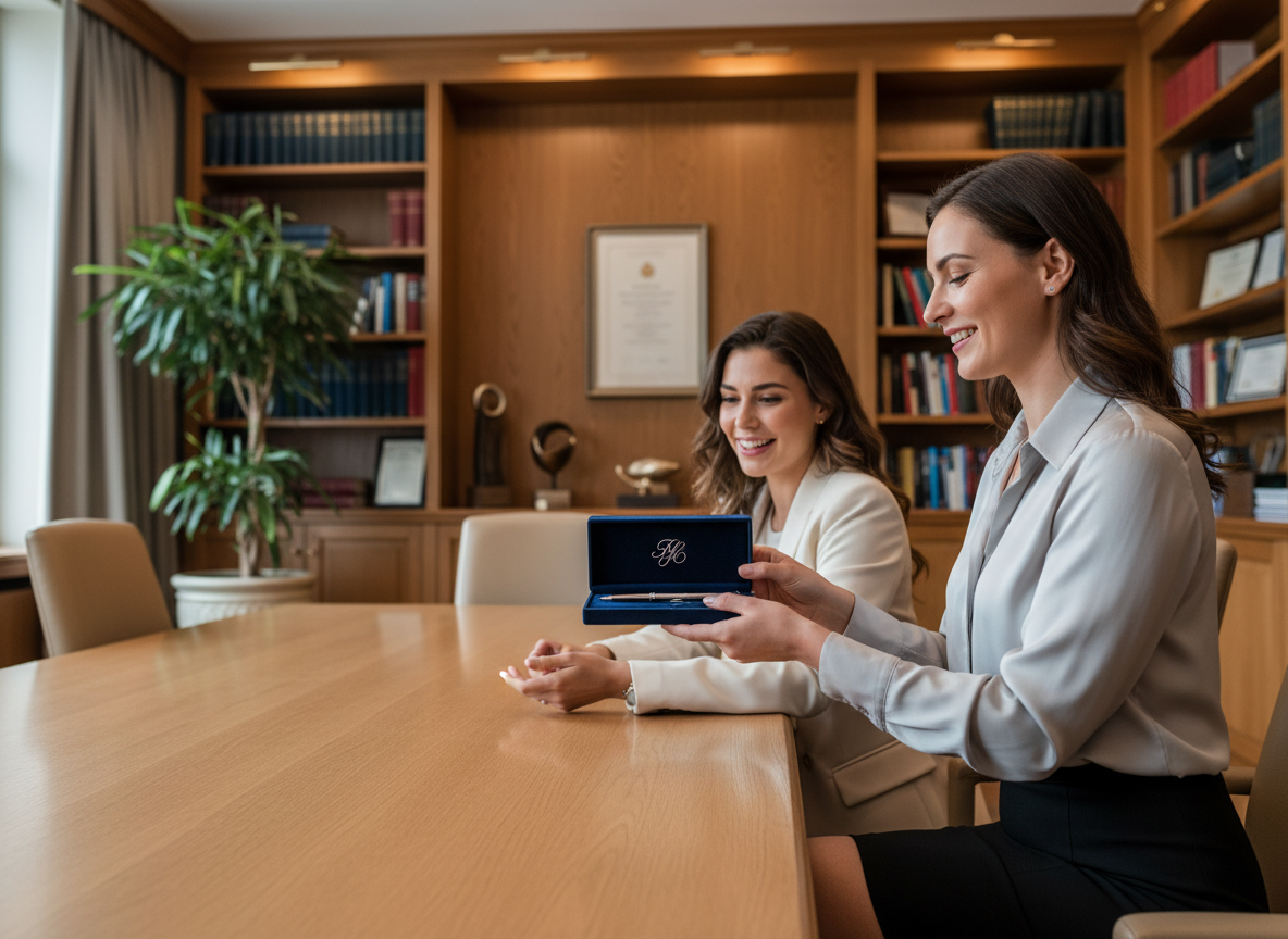 Femme professionnelle offrant un stylo personnalisé en réunion