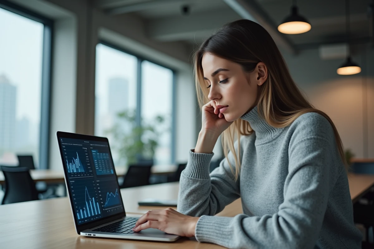 Femme professionnelle analysant des tendances et données sur un ordinateur portable dans un bureau moderne en 2026