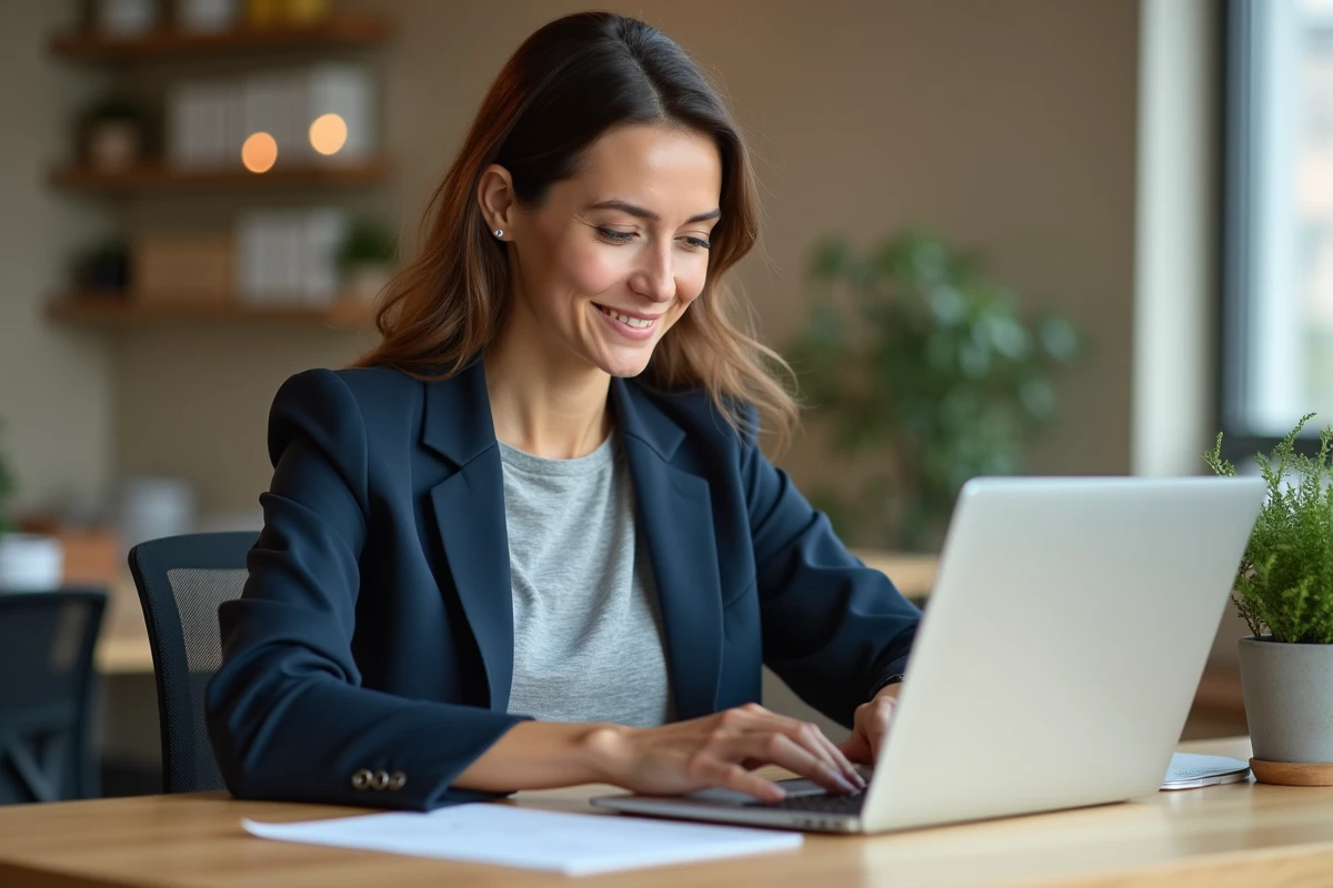 Femme professionnelle rédigeant un email chaleureux à son bureau avec un ton bienveillant
