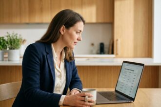 Femme professionnelle en cuisine moderne utilisant son ordinateur