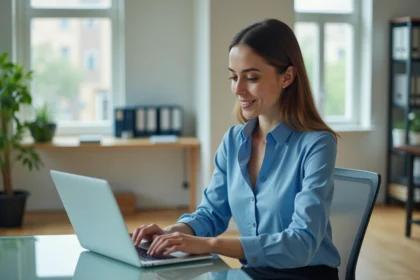 Femme professionnelle concentrée sur son ordinateur portable