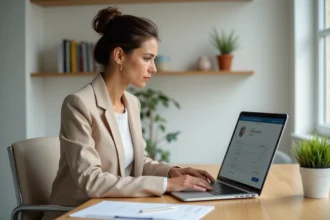 Femme professionnelle utilisant une plateforme de rapprochement en ligne sur son ordinateur portable dans un bureau à domicile moderne