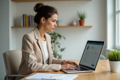 Femme professionnelle utilisant une plateforme de rapprochement en ligne sur son ordinateur portable dans un bureau à domicile moderne