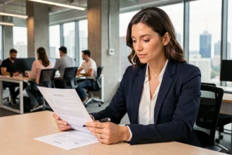 Femme professionnelle en blazer marine relisant un CV commercial avec un stylo dans un open space moderne