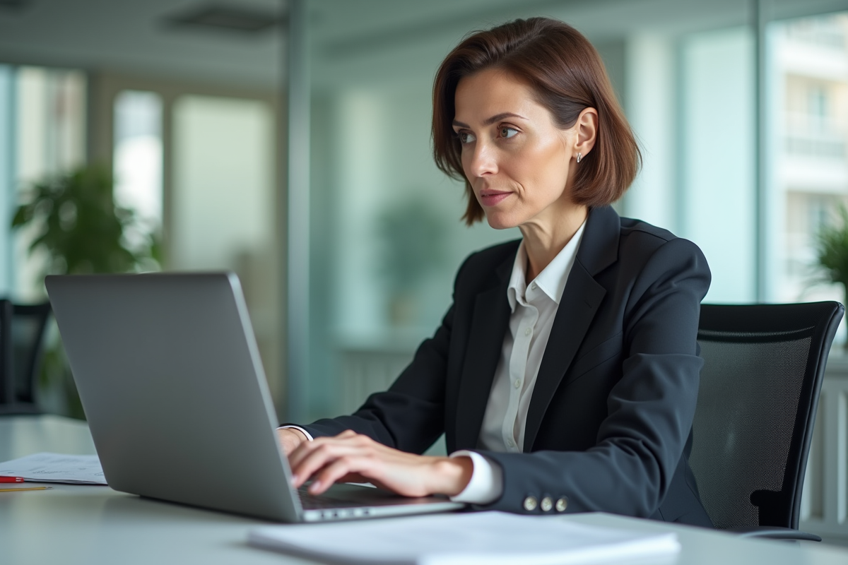 Femme en visioconference dans un bureau lumineux