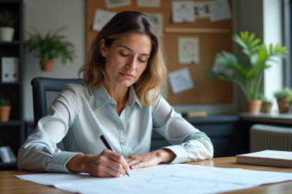 Femme d'affaires dessinant un plan de projet dans un bureau moderne
