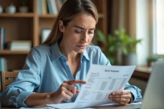 Femme examinant un relevé bancaire avec un débit imprimerie refusé ou en double sur son bureau à domicile