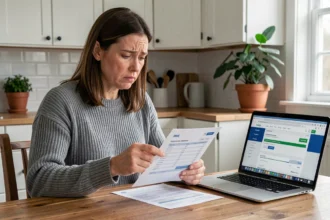 Femme consultant un relevé bancaire papier à la recherche d'un prélèvement SGC Calais inconnu