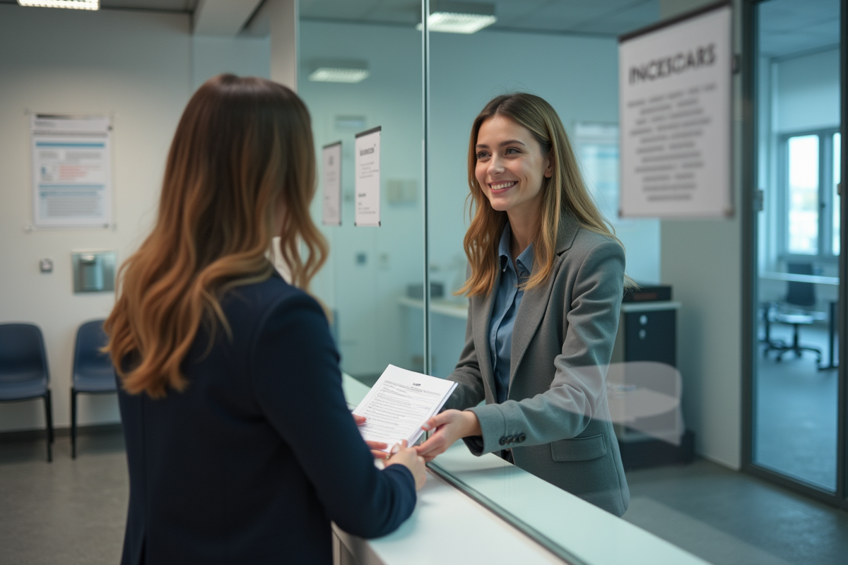 Jeune femme française remet un dossier à un agent dans un bureau administratif