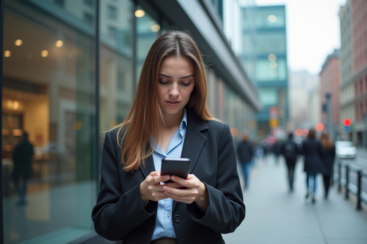 Jeune femme en ville utilisant son smartphone