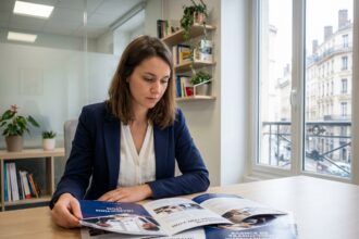 Jeune femme professionnelle à Lyon examine des brochures de traduction