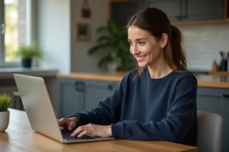 Femme travaillant sur un ordinateur à domicile avec interface RH