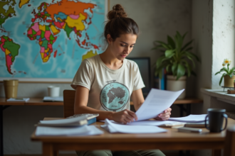 Femme en tenue humanitaire triant des documents dans un bureau