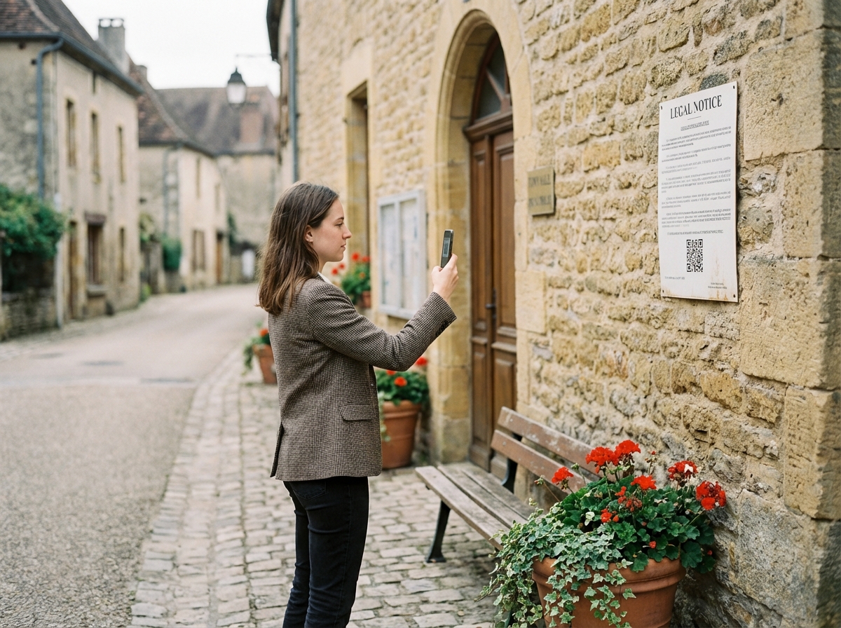 Jeune femme scannant un QR code devant une mairie en pierre