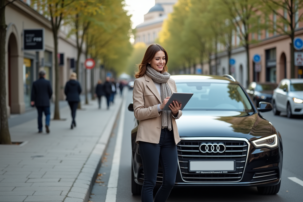 Jeune femme avec tablette près d