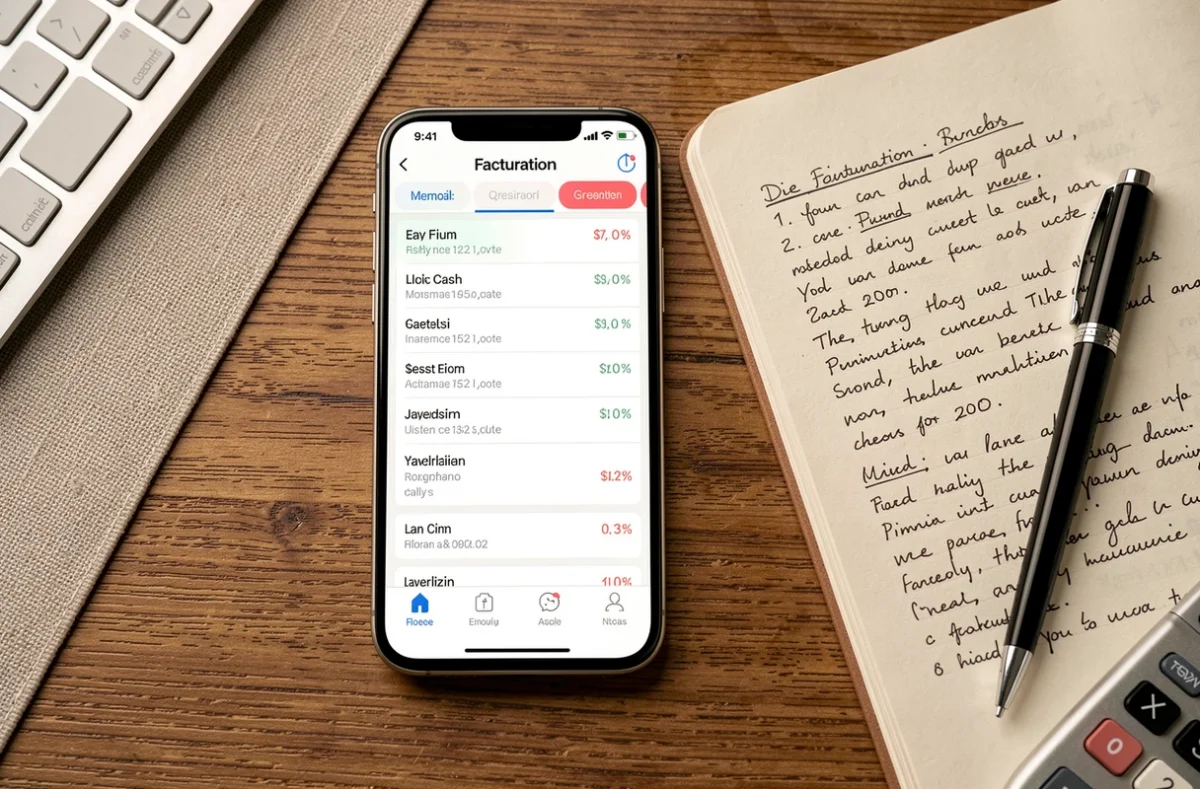 Vue aérienne d'un bureau avec smartphone affichant une application de suivi de trésorerie et notes comptables manuscrites