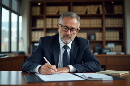 Homme fonctionnaire en costume signant un document officiel