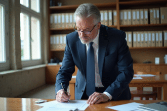 Homme fonctionnaire en costume bleu lisant des documents
