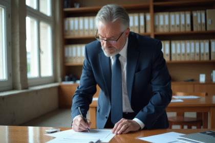 Homme fonctionnaire en costume bleu lisant des documents