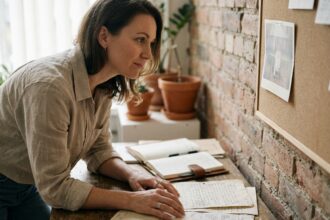 Femme entrepreneur réfléchissant à l'histoire de sa marque dans un atelier artisanal avec des notes manuscrites