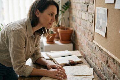 Femme entrepreneur réfléchissant à l'histoire de sa marque dans un atelier artisanal avec des notes manuscrites