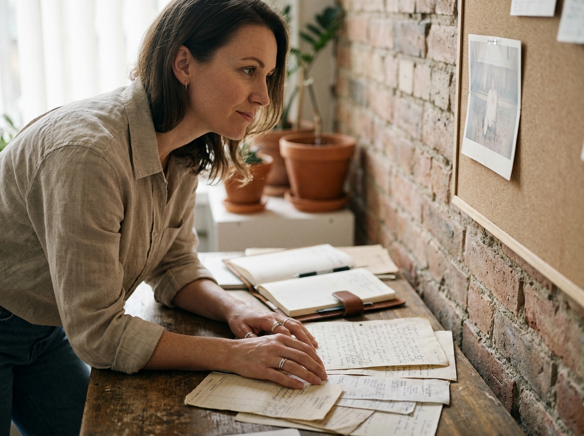 Femme entrepreneur réfléchissant à l'histoire de sa marque dans un atelier artisanal avec des notes manuscrites